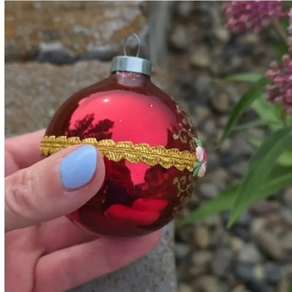 VTG Christmas Ornament Red Glass Globe Western Germany Gold Filigree Rose RARE